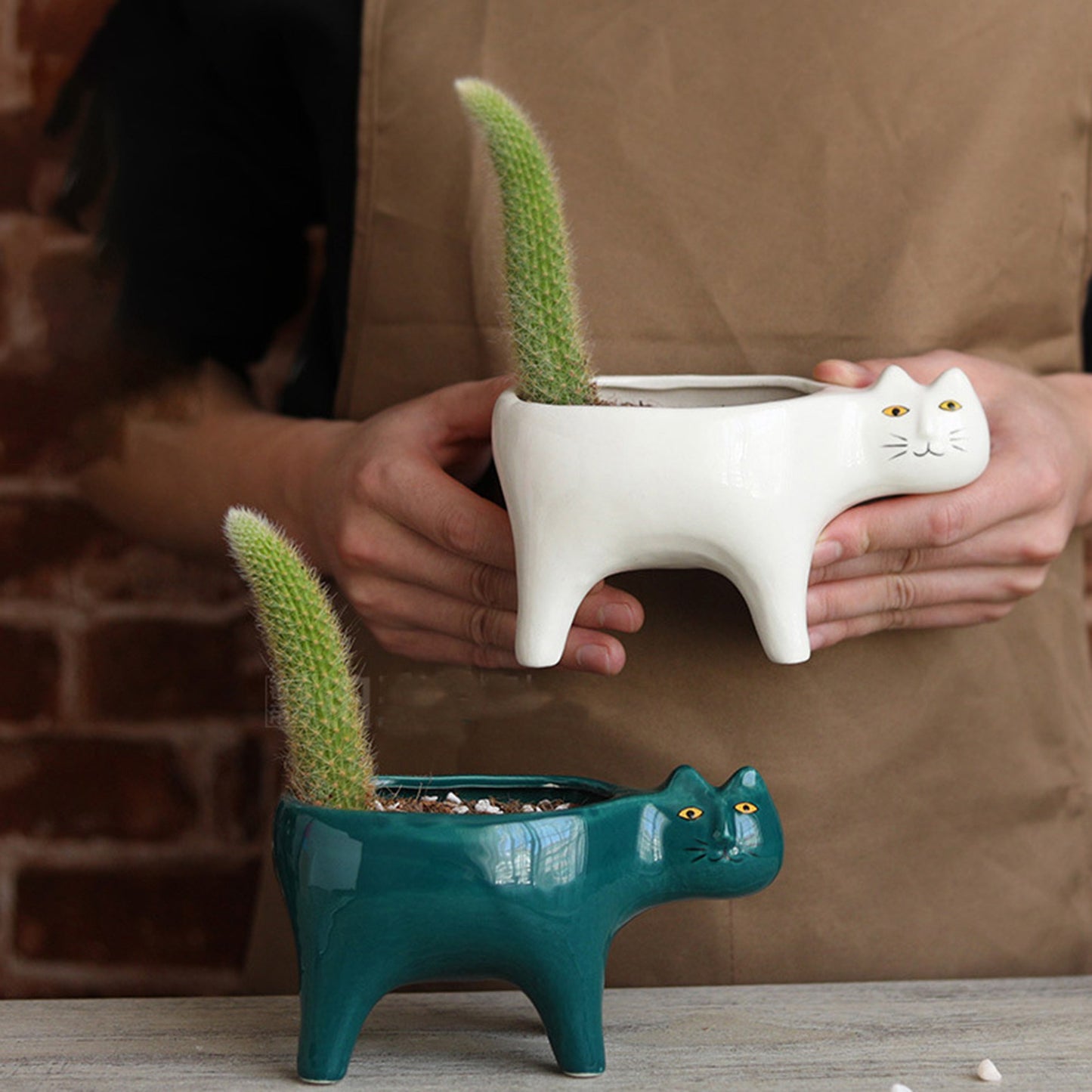 Cute Cat Ceramic Garden Flower Pot Animal Image Cactus Plant Planter Succulent Plant Container Tabletop Decoration White