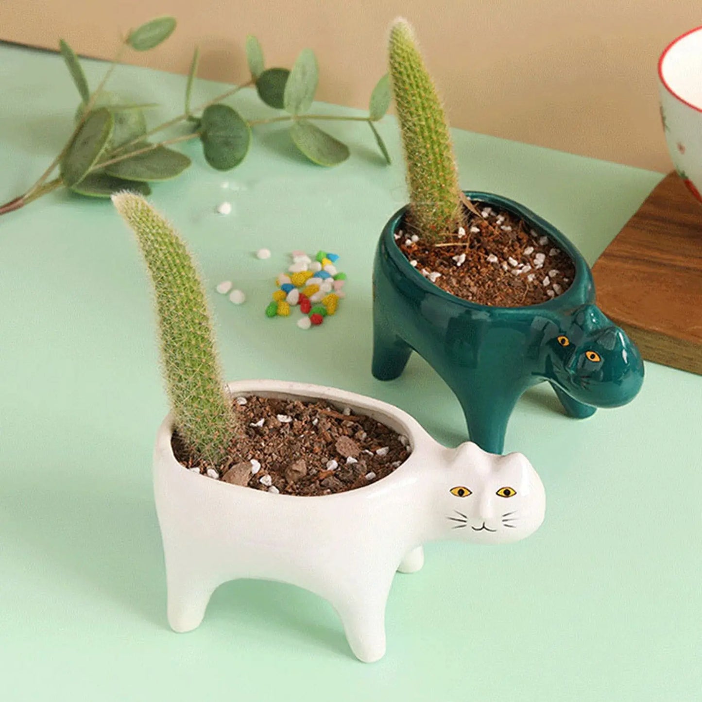 Cute Cat Ceramic Garden Flower Pot Animal Image Cactus Plant Planter Succulent Plant Container Tabletop Decoration White