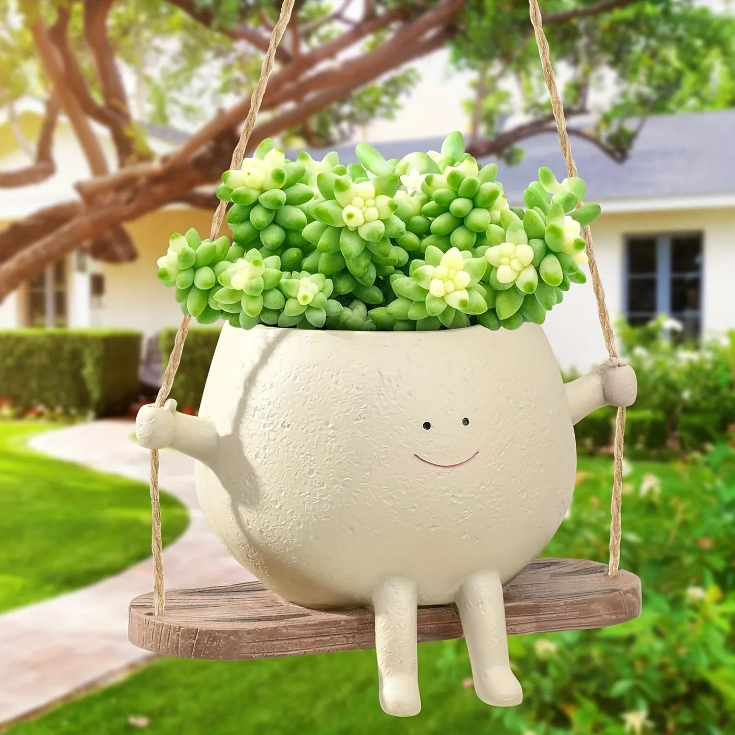 1pc Resin Hanging Planter Pot Rustic Succulent Plant Holder Smiling Face Design With Swing Base Outdoor Garden Indoor Home Decor