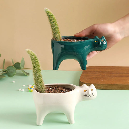 Cute Cat Ceramic Garden Flower Pot Animal Image Cactus Plant Planter Succulent Plant Container Tabletop Decoration White