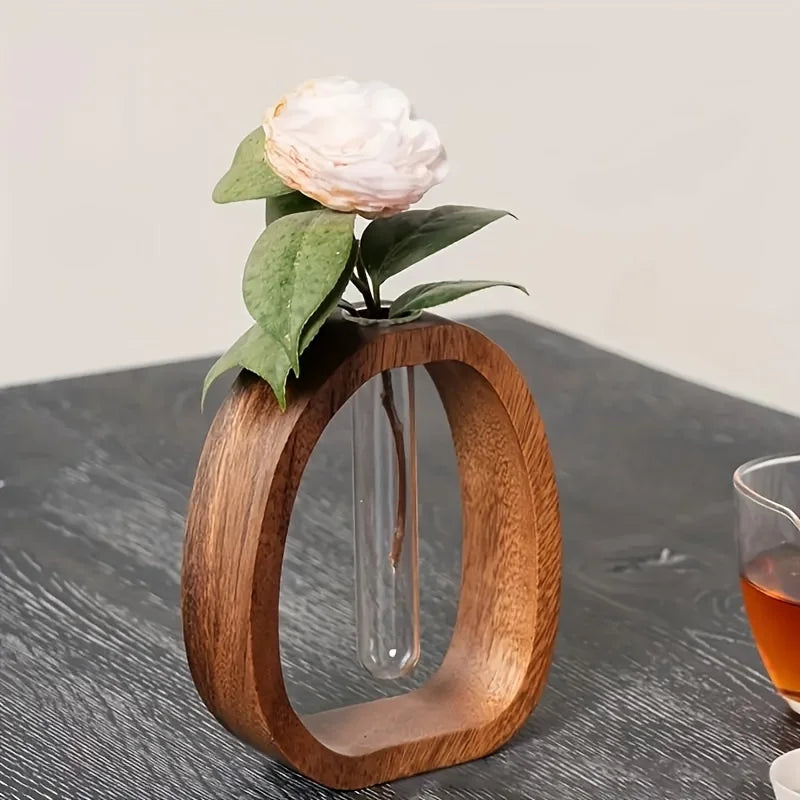 1pc Walnut Solid Wood Flower Set Hotel Decoration Simple Glass Plant Flower Arrangement Mini Aquatic Vase Hydroponic flowerpot