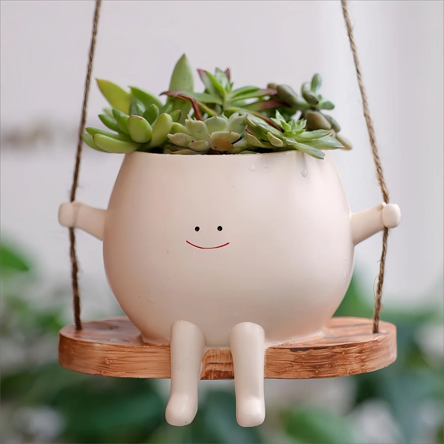 1pc Resin Hanging Planter Pot Rustic Succulent Plant Holder Smiling Face Design With Swing Base Outdoor Garden Indoor Home Decor