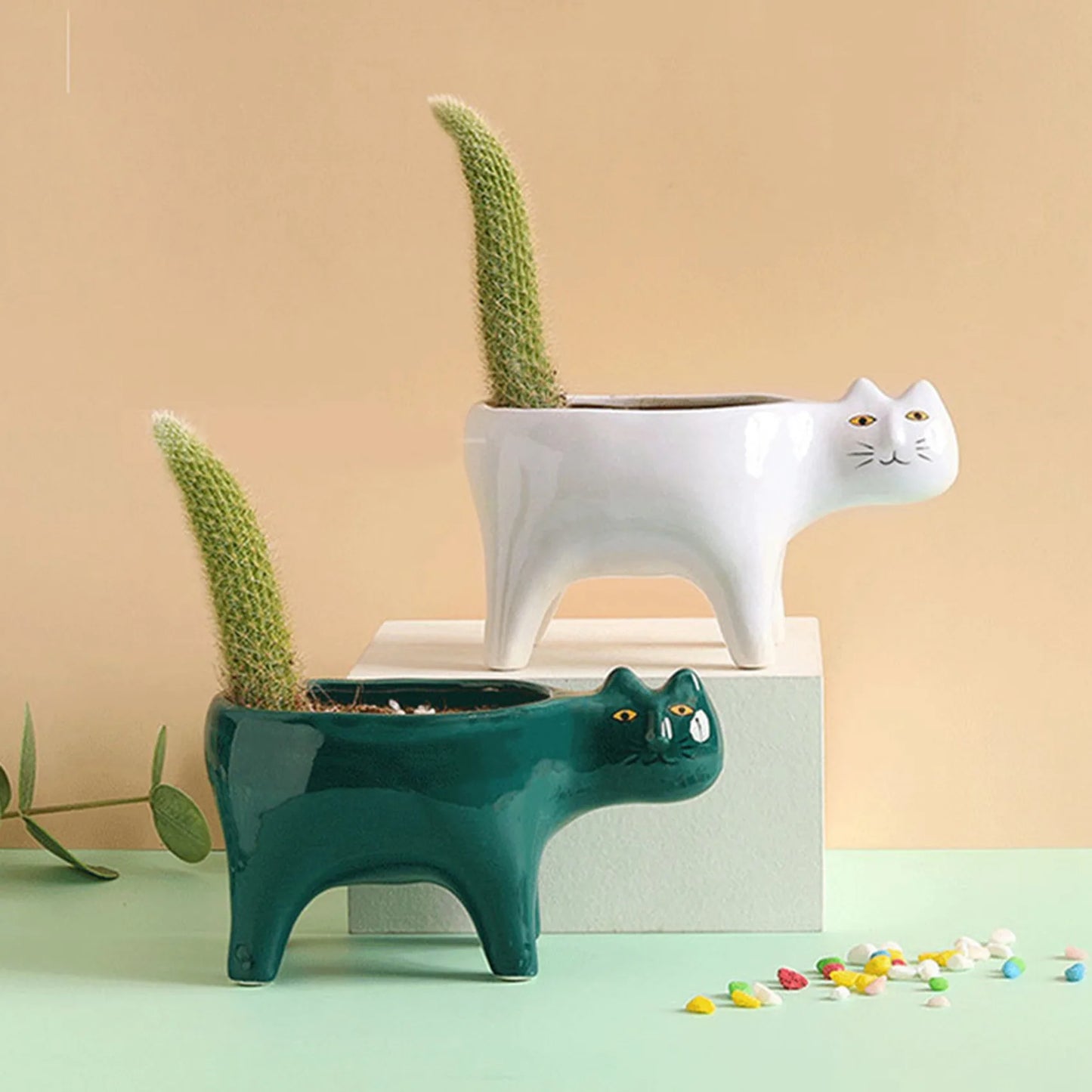 Cute Cat Ceramic Garden Flower Pot Animal Image Cactus Plant Planter Succulent Plant Container Tabletop Decoration White