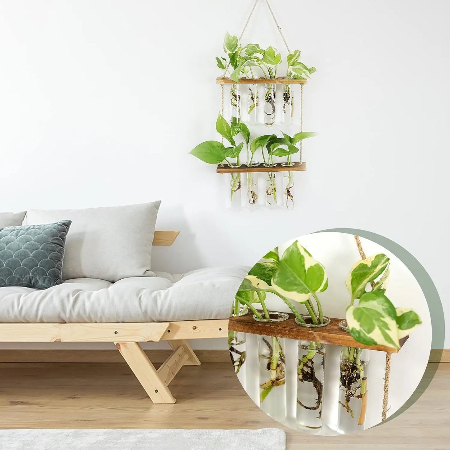 Wall Hanging Test Tube, Glass Planter Plant Vase with Wooden Stand & Strings Rope, Glass Planter Plant Terrarium  (2 layer)