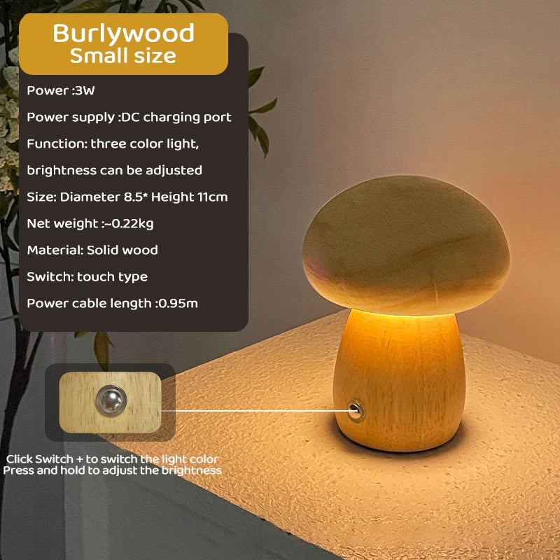 Wooden Mushroom Portable LED Table Lamp