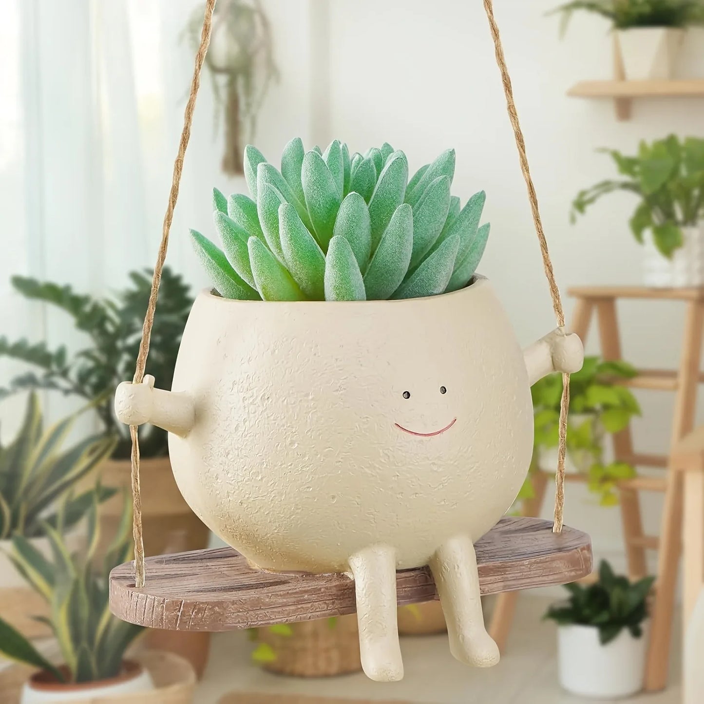 1pc Resin Hanging Planter Pot Rustic Succulent Plant Holder Smiling Face Design With Swing Base Outdoor Garden Indoor Home Decor