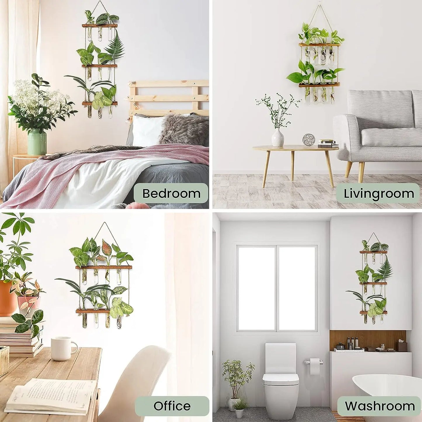 Wall Hanging Test Tube, Glass Planter Plant Vase with Wooden Stand & Strings Rope, Glass Planter Plant Terrarium  (2 layer)