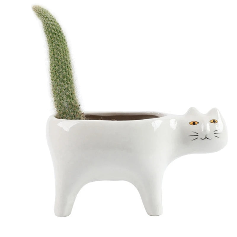 Cute Cat Ceramic Garden Flower Pot Animal Image Cactus Plant Planter Succulent Plant Container Tabletop Decoration White