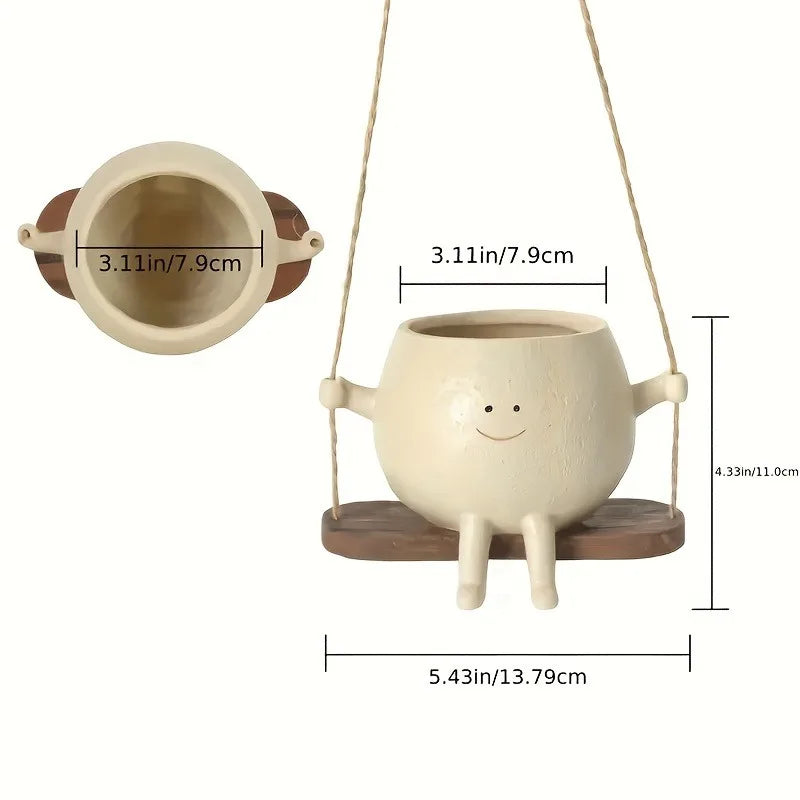 1pc Resin Hanging Planter Pot Rustic Succulent Plant Holder Smiling Face Design With Swing Base Outdoor Garden Indoor Home Decor