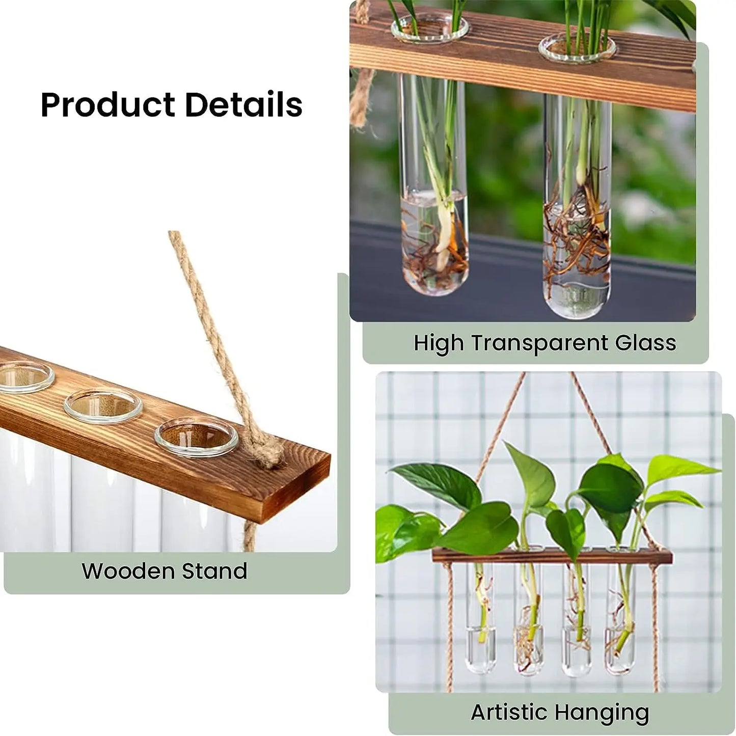 Wall Hanging Test Tube, Glass Planter Plant Vase with Wooden Stand & Strings Rope, Glass Planter Plant Terrarium  (2 layer)