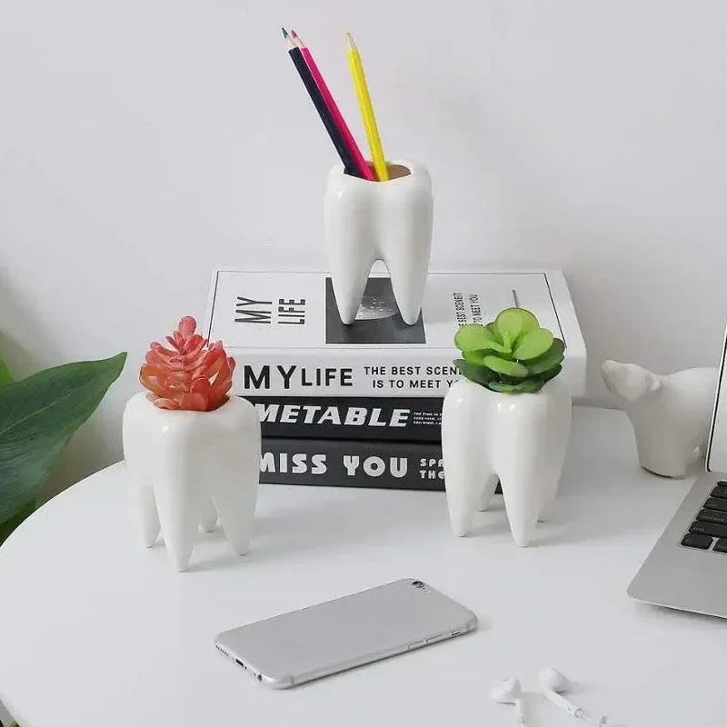 Succulent Potted Plant, Pure White Ceramic Pen Holder Home Decoration Tooth Shaped Cross-border Flower Pot